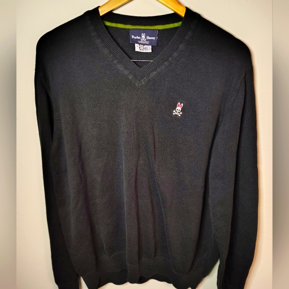 Psycho Bunny Men's V neck Sweater Black 100% cotton Size Medium
